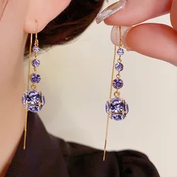 Exquisite Purple Crystal Zircon Drop Earrings for Women Fashion Golden Lines Long Tassel Earring Wedding Party Jewelry Gifts