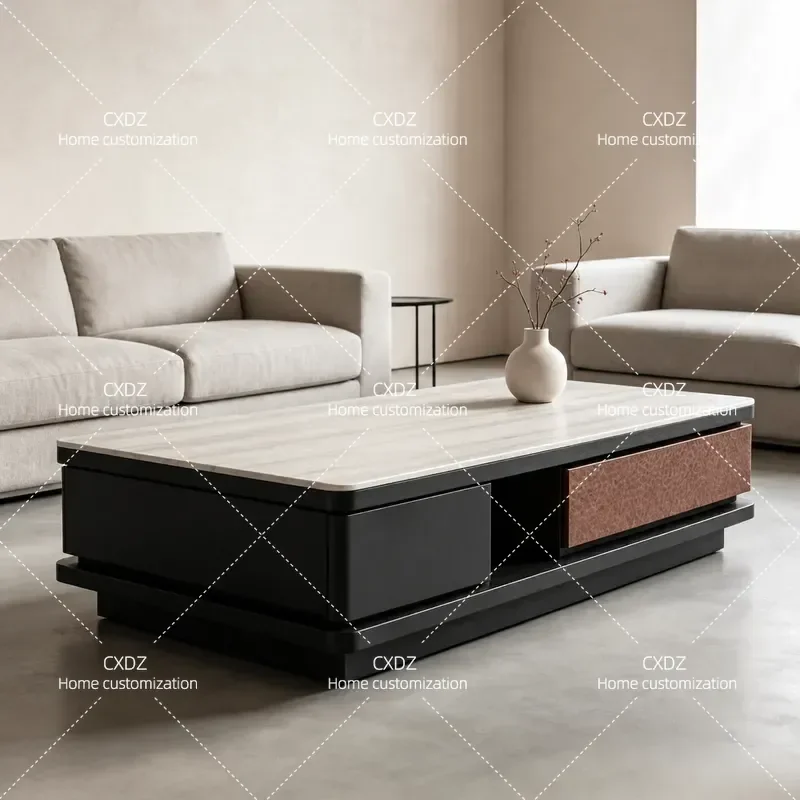 Minimalist Yellow Cave Stone Coffee Table with Rotating Storage Rectangular Light Luxury Living Room Furniture Rock Slab