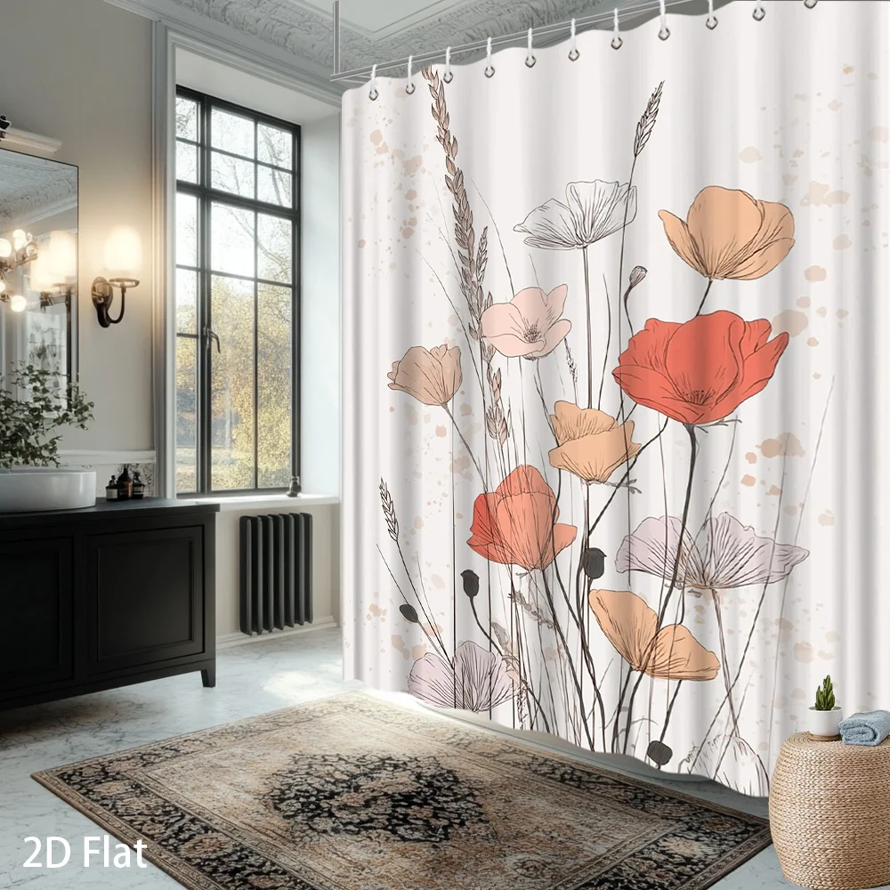 Minimalist Poppy Shower Curtain – Delicate Pink & Peach Poppies with Wheat Stalks on Cream, Linen-Textured Polyester