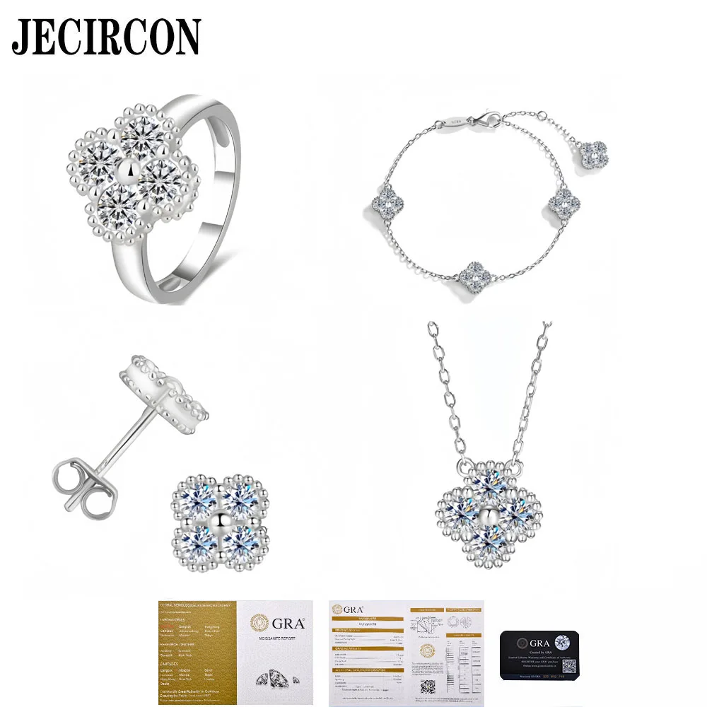 

JECIRCON S925 Sterling Silver Jewelry Set VVS1 Full Moissanite Ring Necklace Bracelet Stud Earrings for Women Fashion Jewelry