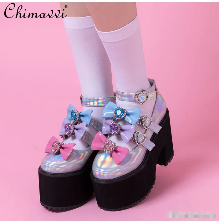 Japanese Ins Girls Sweet Laser Cute Bow Platform High Heel 2024 Summer New Lolita Mary Jane Women's Shoes Thick Bottom Pumps