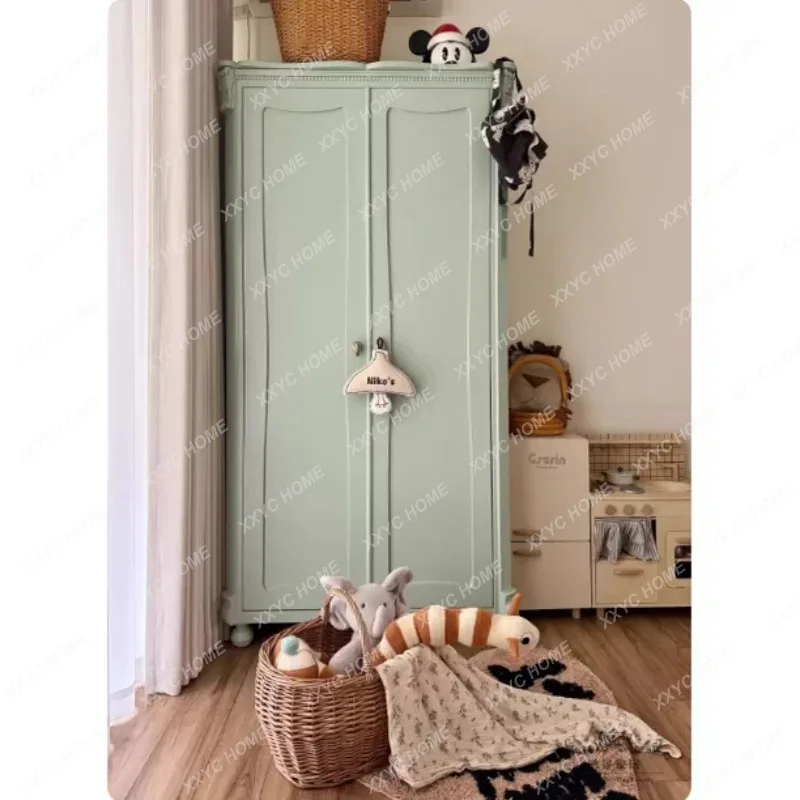 Solid wood double door wardrobe children's room locker retro green bedroom storage clothes cabinet B & B