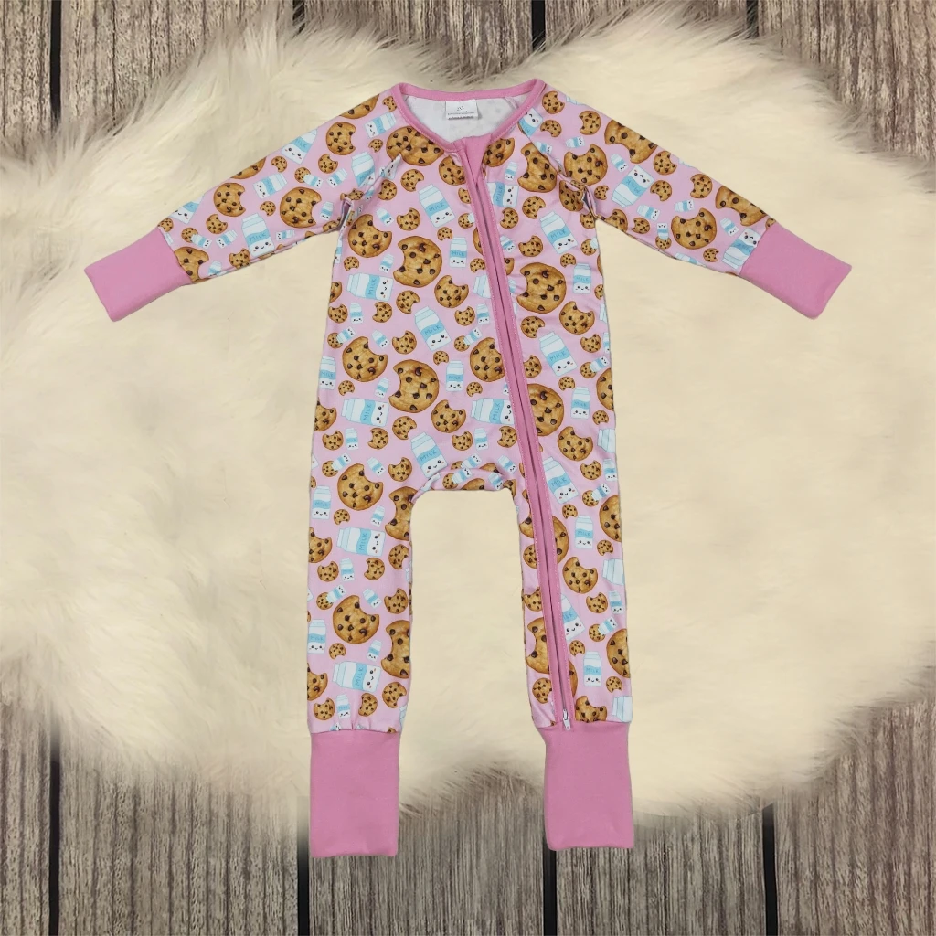

Newborn Coverall Bodysuit Baby Girl Christmas Long Sleeve Jumpsuit Kids Footie Zipper Sleepers Romper Pink Milk Print Clothes