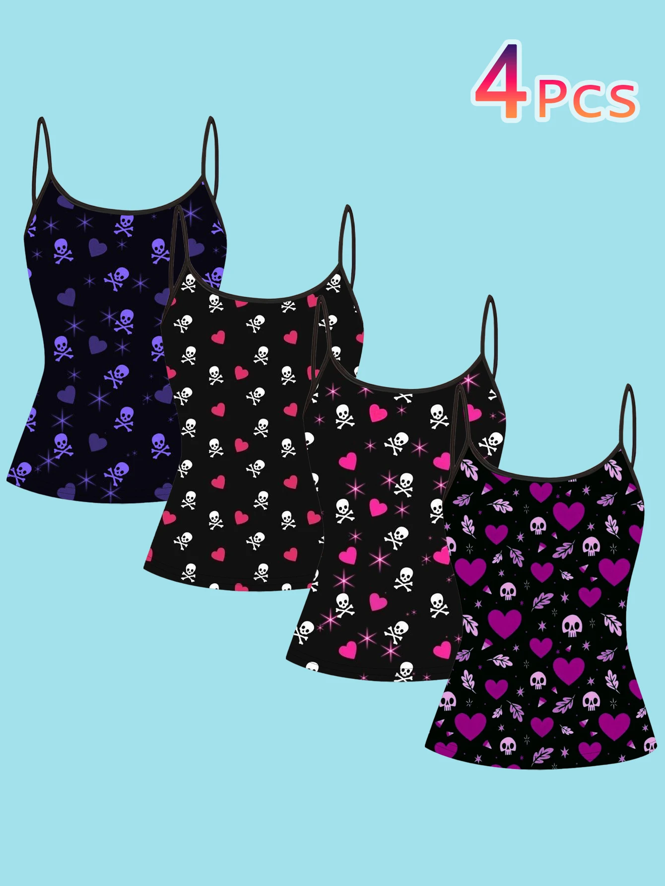 4-Piece Set of Women's Y2K Sweet and Cool Skull Print Camisoles, Black Base with Heart and Star Subculture Design, Slim-Fit Spaghetti Strap Inner Tops