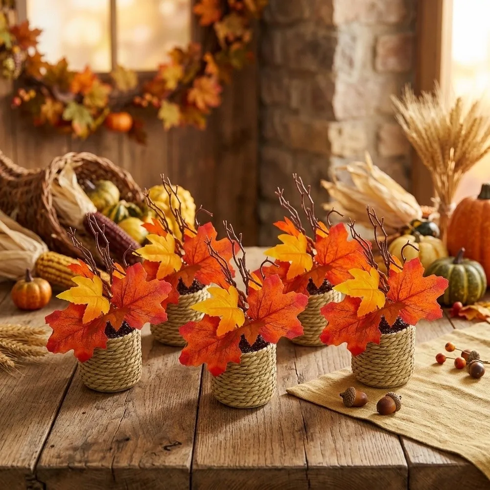 5 Pack Orange Faux Maple Leaf Pots Silk Flowers for Table Centerpiece Mantel Shelf Decor Warm Seasonal Ambience