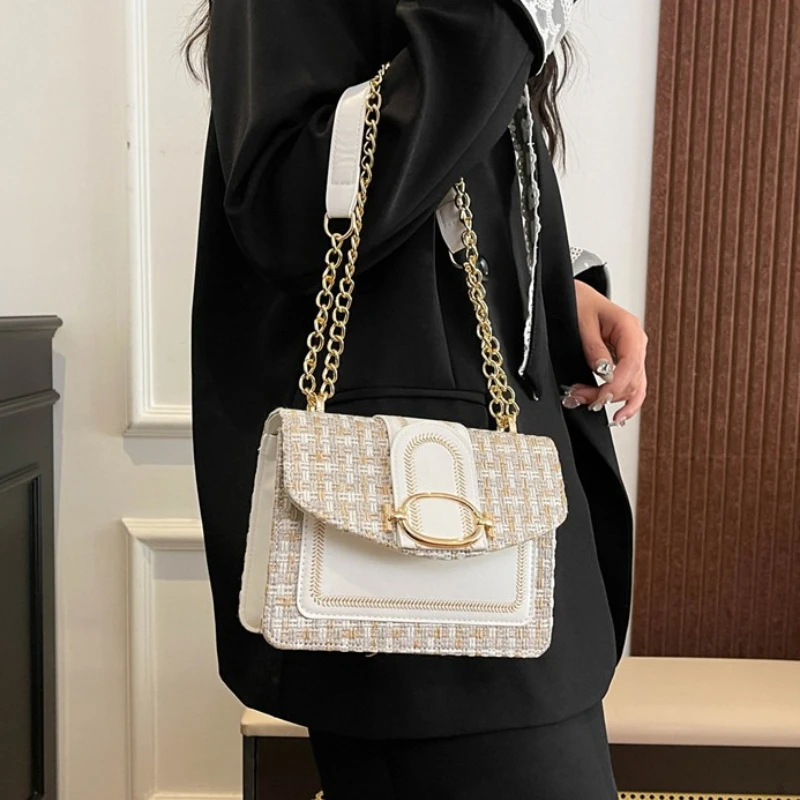 Chic Mini Plaid Tweed Crossbody Bag with Adjustable Strap, Fashionable Buckle Closure - Available in Cream, Green, Blue, Black view 5