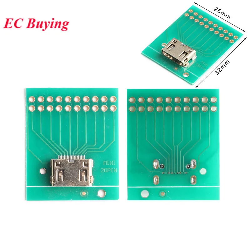 2Pcs/1pc Mini HDMI Test Adapter Board Type C Female Connector Interface 2x10Pin 20Pin 2.54mm PCB Transfer Converter IC Socket