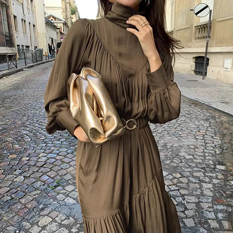 Chique outono vintage gola alta emenda design psado emaecimento manga longa camada base vestido f cintura alta es...