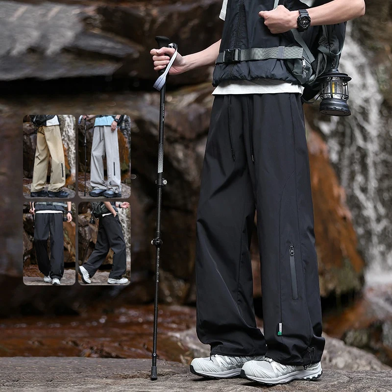 Summer Thin Outdoor Hiking Men's Casual Pants Foot Magic Drawstring Travel Baggy Cargo Pants Decorative Pocket Trousers Male