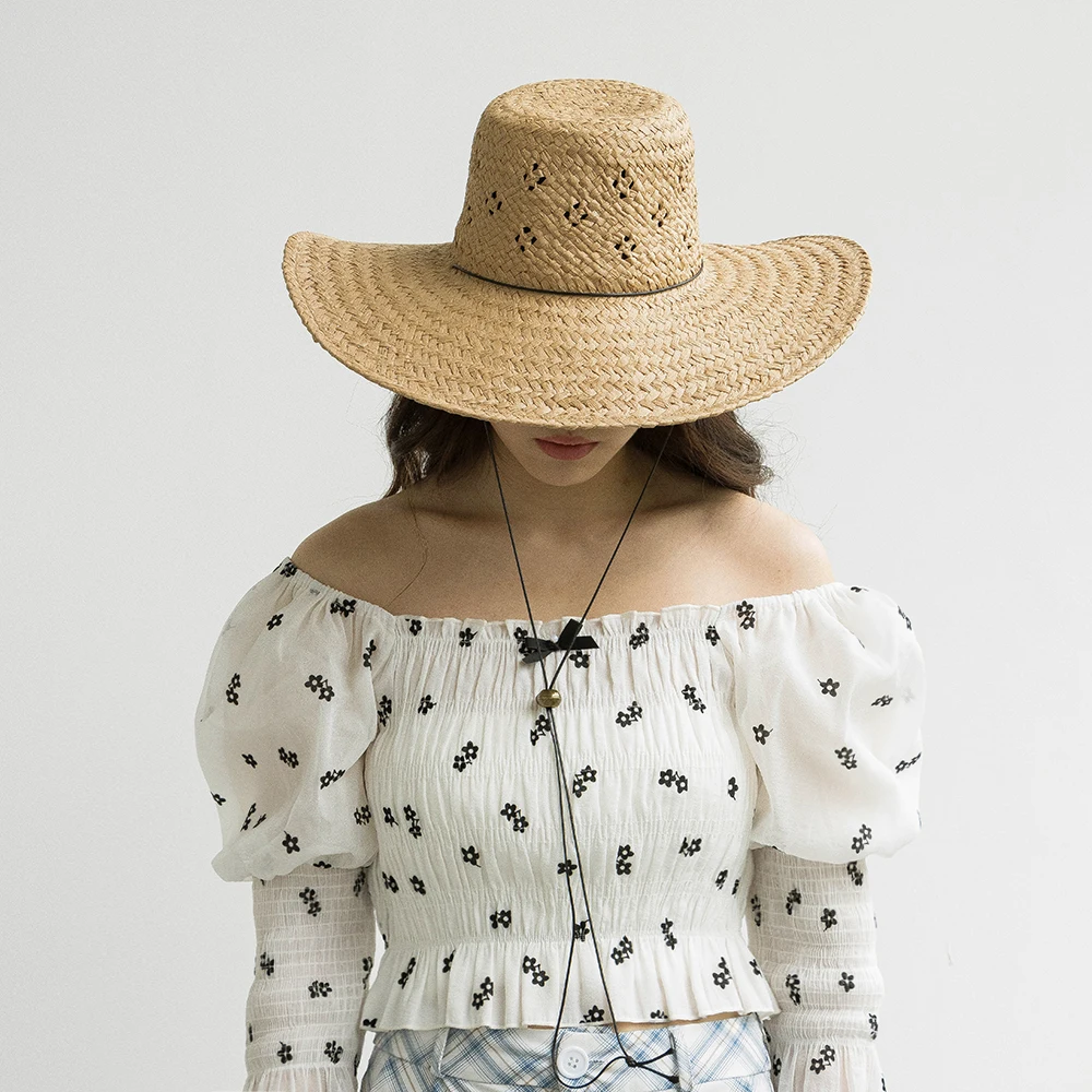 100% Paper Straw Hand Weaved Pattern Style Floppy Straw Hat Wide Brim Straw Hat With String