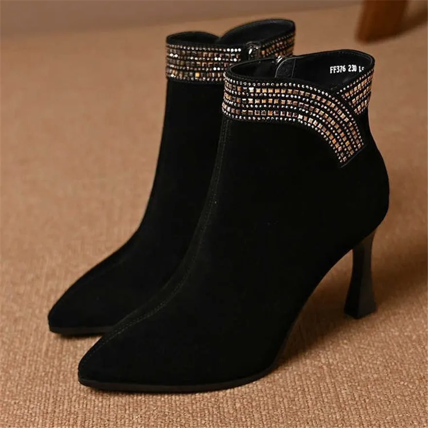 

Autumn Winter Women Lapel Rhinestone Sexy Ankle Boots High Heels Pointy Toe Female Party Boots Flock Zipper Ladies Crystal Shoes