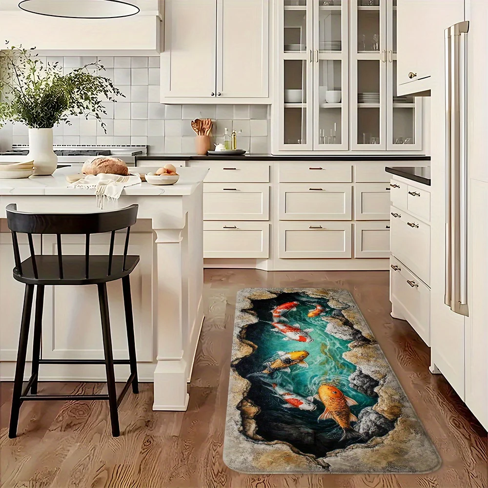 Artistic Koi Fish Long Floor Mat, 3D Fish Pond Print Non-Slip Durable Runner Rug for Bathroom Hallway Laundry Room