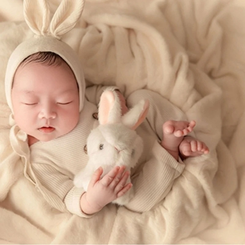 Newborn Photography Props Clothes Baby Romper+Rabbit Ear Hat+Stuffed Bunny Doll Set Kids Studio Photo Shooting Jumpsuits Outfits