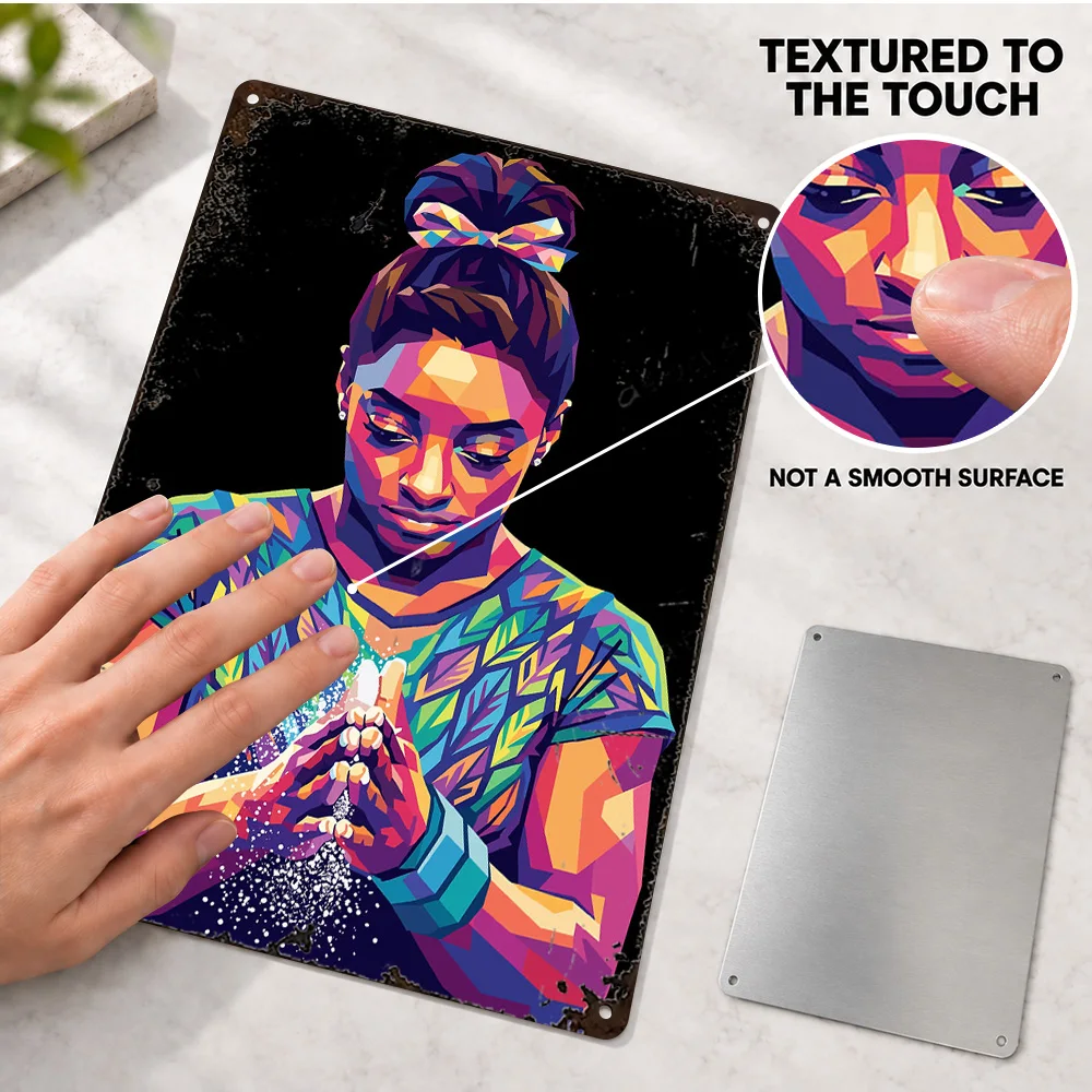 Simone Biles Gymnast Textured Metal Poster Customized Aluminum Sign Hands Clasped Polygon Graphic Wall Art For Training Room