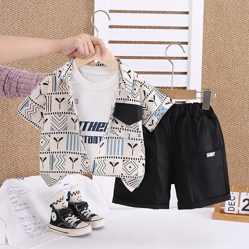 

3PCS Kids Boutique Outfits 2025 Summer Baby Boy Clothes 1-5T Korean Fashion Short Sleeve Shirts + T-shirts + Shorts Boys Suit