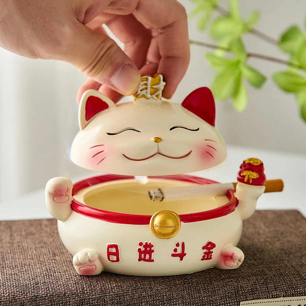 Ashtray with Lid Windproof Lucky Cat Figurines Home Decor Fortune Cat Organizer Key Storage cat ashtray Cigar desk accessories