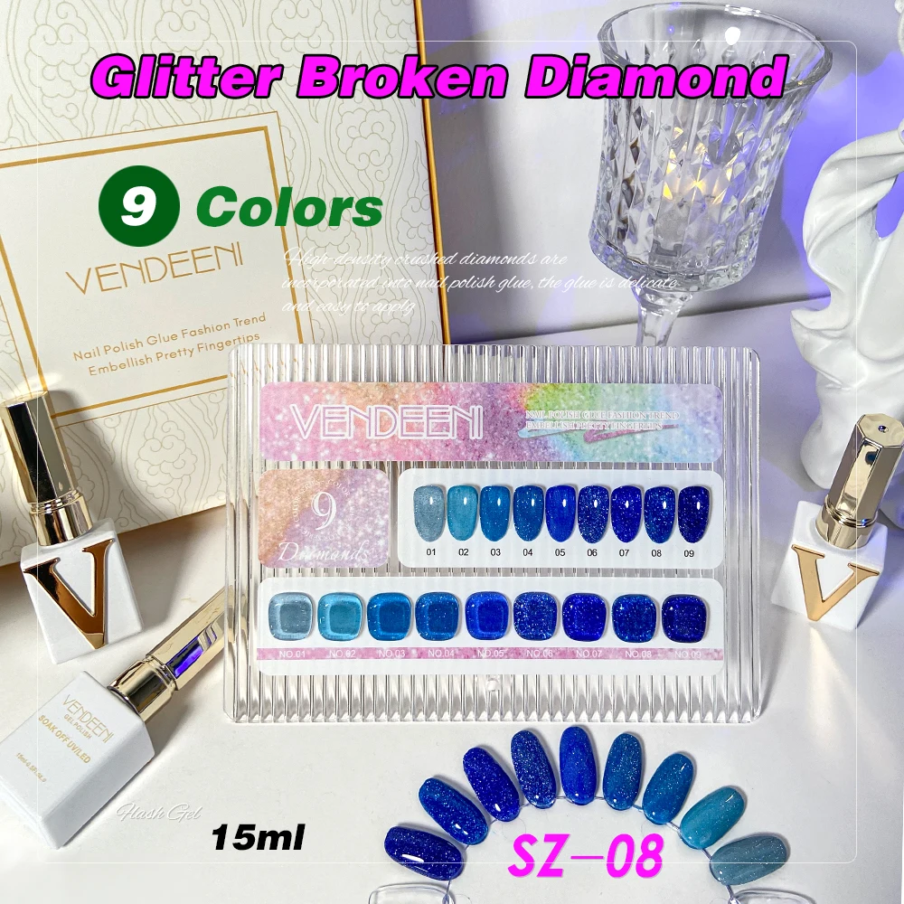 

Vendeeni 9 Colors Blue Reflective Glitter Broken Diamond Gel Nail Polish Soak Off UV DIY Sparkling Varnish For Manicure Nail Art