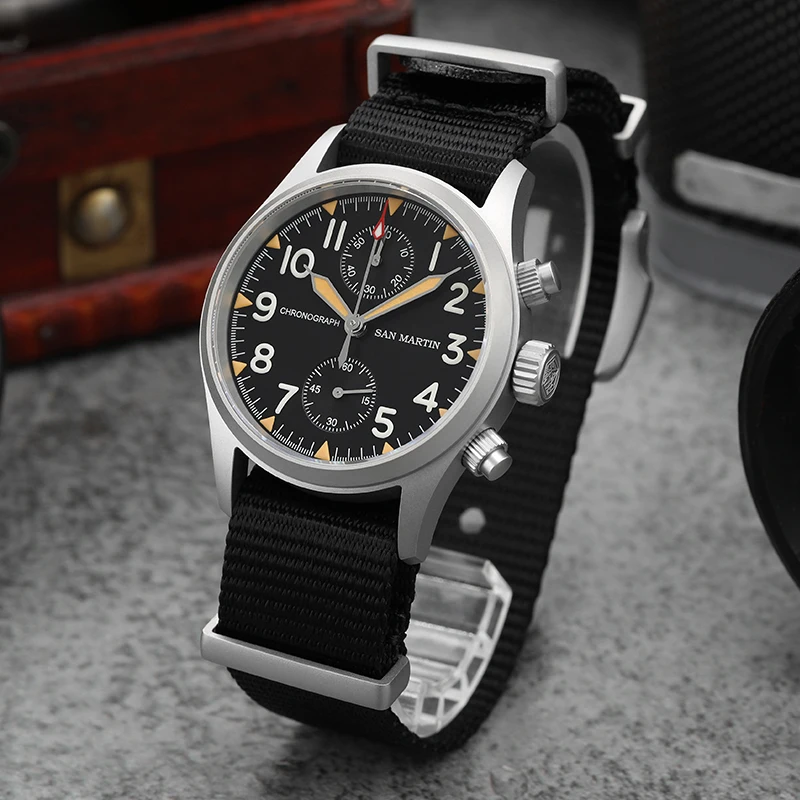 San Martin 37mm Men Chronograph Watches Vintage Military Pilot Quartz Movement Watch Bead Blasted Case Waterproof 100m Luminous