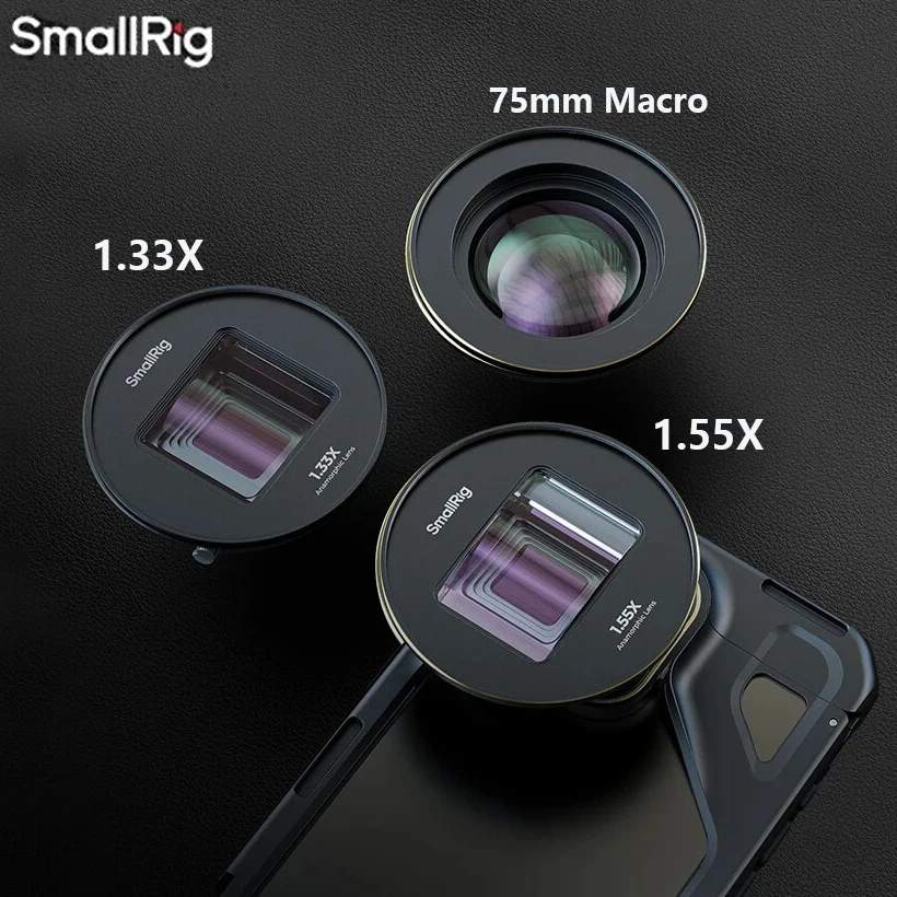 Smallrig 1.33x 1.55x Anamorphic Lens and 75mm Macro Lens for Mobile Phone (T-mount) Filmmaking or Macro Shots