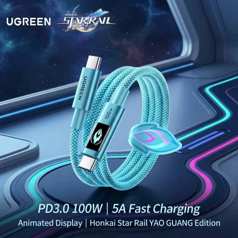 ugreen-pd-100w-type-cケーブル、usb-c-usb-c接続、編み込み構造の急速充電ケーブル、iphone、pc、タブレットに対応したクリエイティブなアニメーションe-markerチップ搭載。