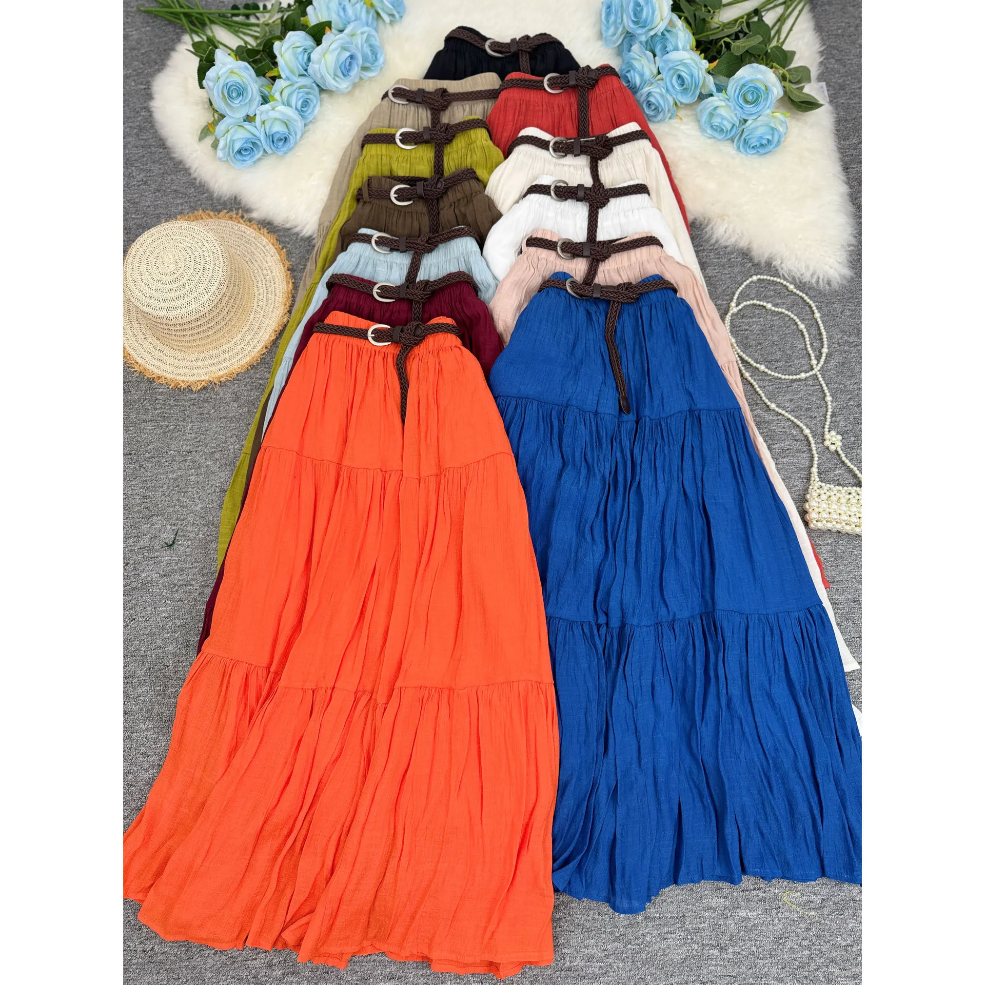 Women Skirts Spliced Skirt Pleated A Line Ankle Length Elastic Empire Waist Slight Strech Loose Fit Casual Office 2026 Summer