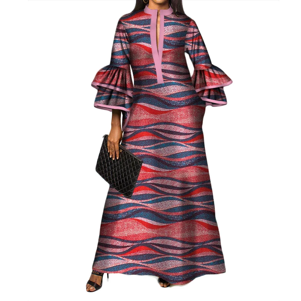 

African Print Long Dresses for Women Cotton Ruffles Long Sleeve Dresses Vestidos African Design Church Causal Clothing WY3472