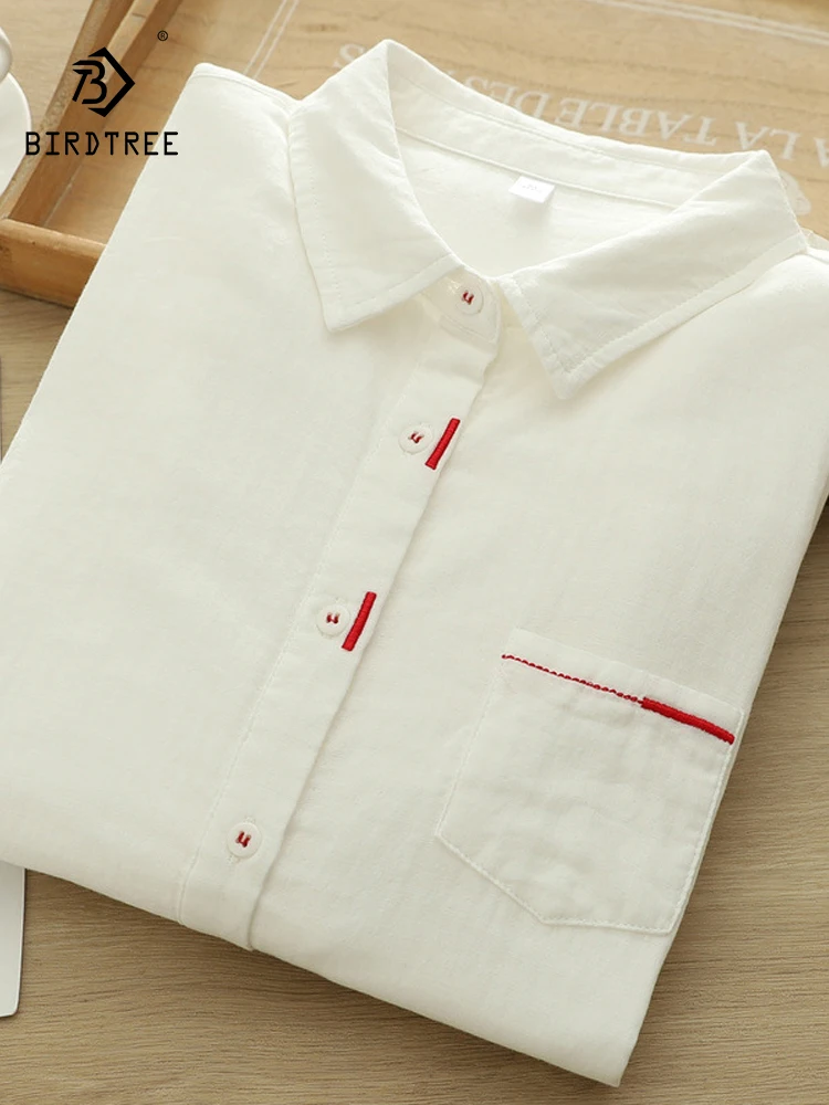 

New 2026 Spring Women Cotton Yarn Long Sleeve Shirt, Lapel Red Embroidery, Mori Girl Fashion Commute Thin Loose Blouse T63624CC