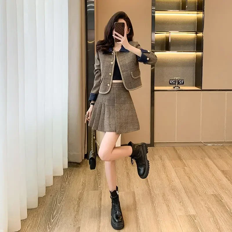 UNXX Winter Cotton British Style Woolen Coat Pleated Skirt Sets Retro Denim Patchwork Woolen Jackets Skirt Two-piece Set Women's