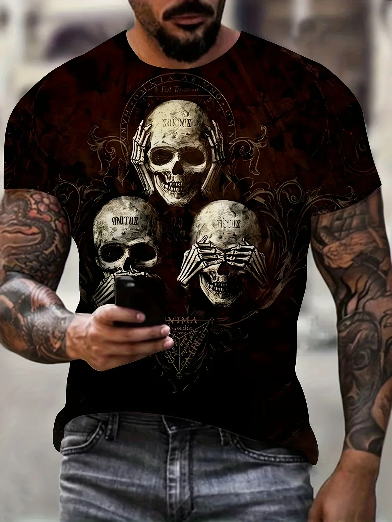 Men 3D Print T-shirt Polyester Short Sleeve Tees Bear Skull Grim Reaper Gothic Horror Animal Pattern Casual Adult Tops