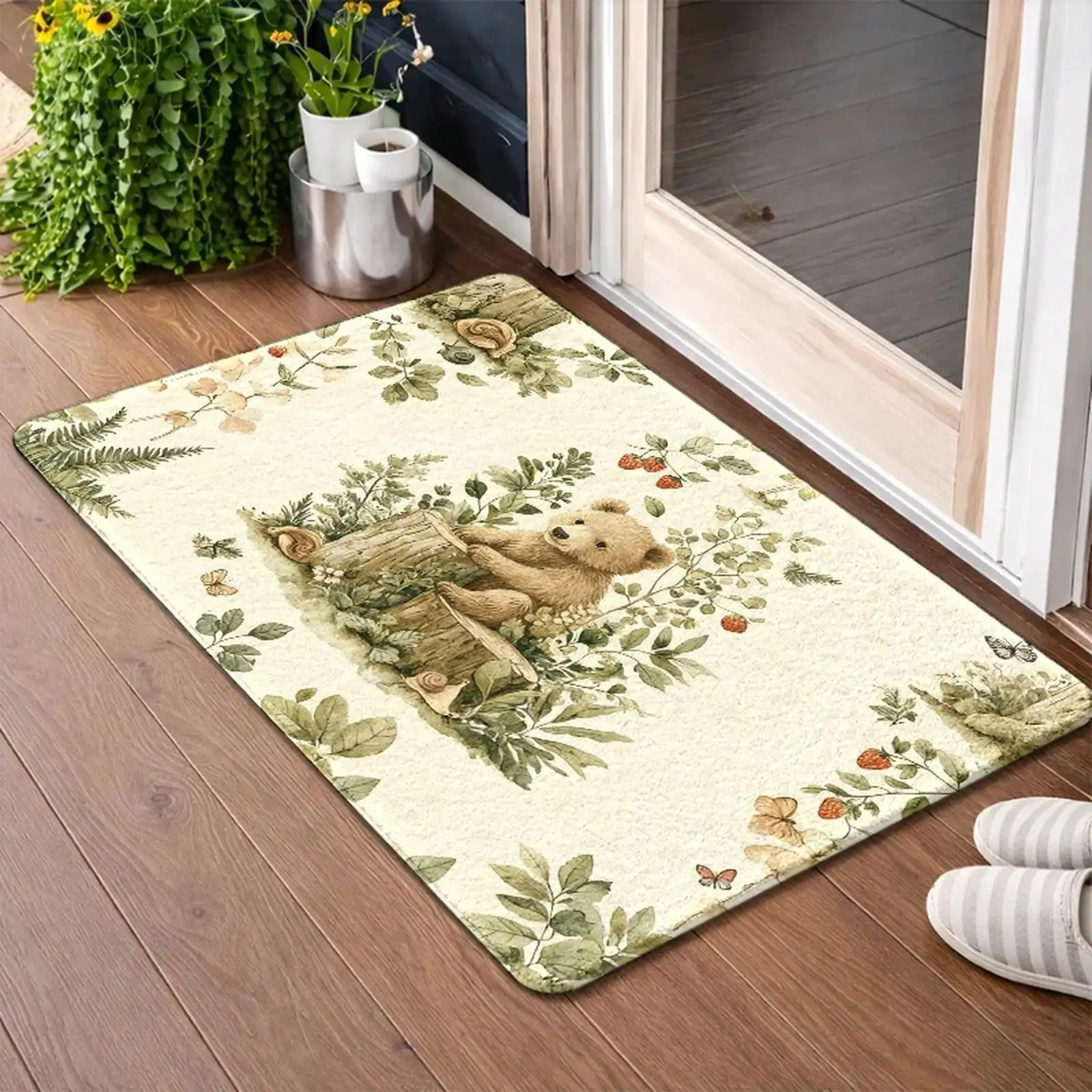 1PC, Cute Bear Forest Plant Print Floor Mat, Non-Slip Rubber Base Flannel Rug, Durable, Stain-Resistant, Machine Washable, Universal Door Mat For Entrance