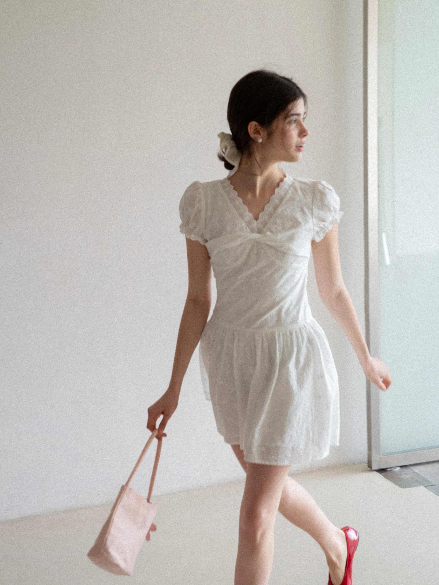 

Eggka Hollow out Embroidery Bubble Sleeve White Dress Women Summer Design Slim A-Line Skirt French Style High Waist Shor...