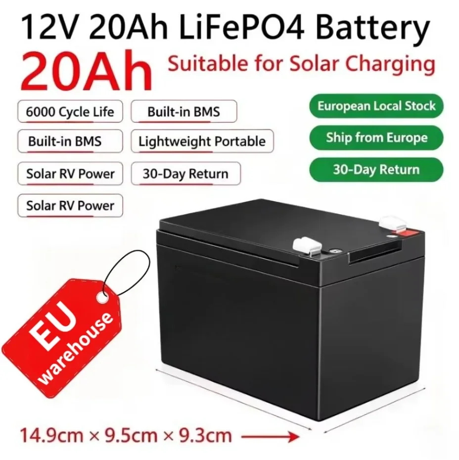 Spedizione locale UE Batteria LiFePO4 a ciclo profondo 12V 20Ah, con BMS integrato da 20A, batteria al litio ferro fosfato per camper, sistemi solari, accumulo di energia off-grid