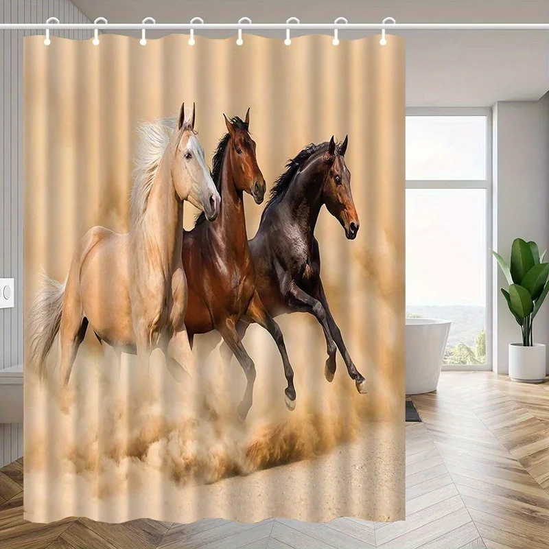 Galloping Horses Shower Curtain, Wild Stallion Animal Bathroom Decor, Dusty Desert Scene Waterproof Polyester Fabric Bath Screen