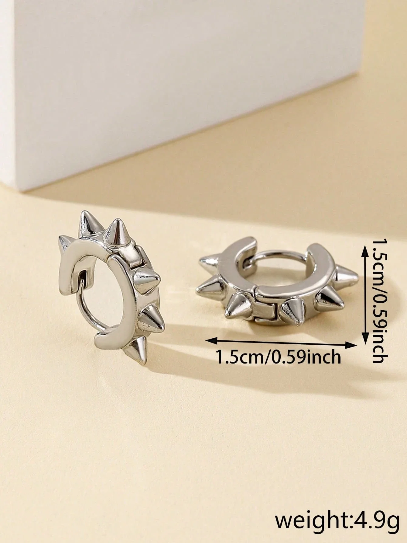 1 Pair Silver-Tone Zinc Alloy Mini Hoop Earrings With Edgy Spike Details For Punk Fashion
