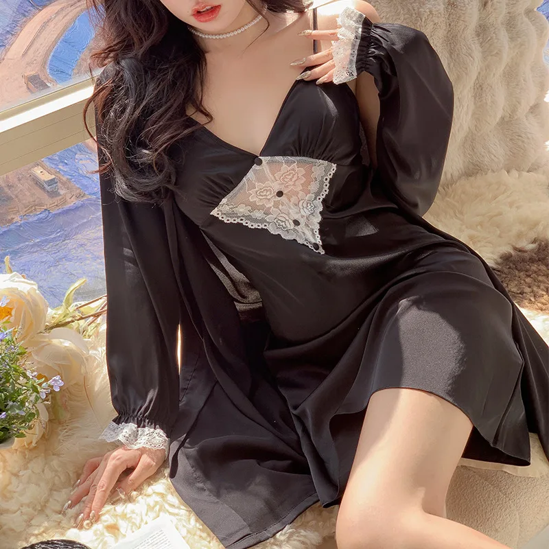 

Sexy Female Nighty&Robe Set Suspender Nightgown with Chest Cushion Summer Ice Silk Bathrobe Sleepwear Loose Casual Home Dress