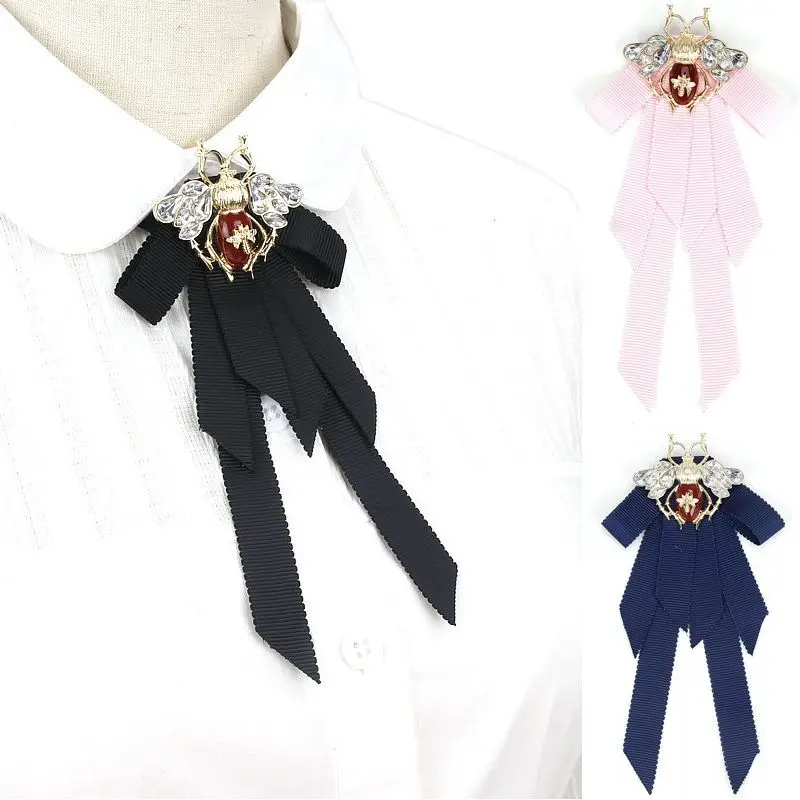 

Vintage Rhinestones Bee Bowties Handmade Ribbon Bow Jewelry Women's College Style Party Show Suits Accessories High-end Brooch