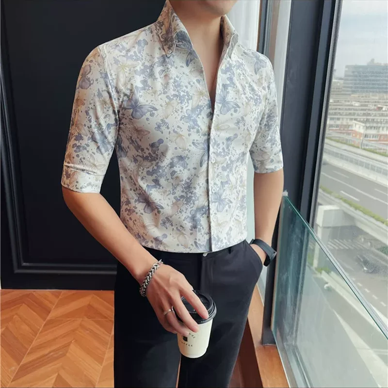 High end Men's V-neck Printed Shirt Summer Fashion Business Slim Fit Mid Sleeve Casual Dress Shirt MenS Clothing 4XL-M