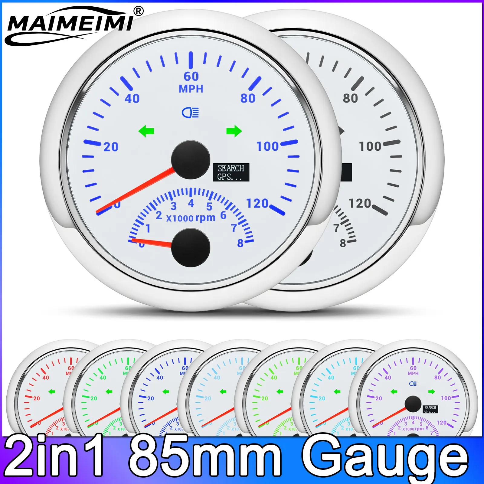 

2в1 Датчик 85 мм GPS Спидометр Тахометр 8000 об/мин 120-200 км/ч MPH с левым и правым указателем поворота для мотоцикла, лодки, 7 цветов