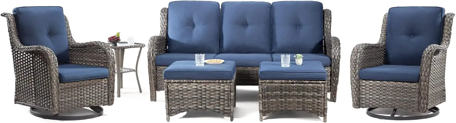 

Wicker Patio Furniture Set 6 Piece Set w/1 Three-Seat Sofa, 2 Swivel Rocker Chairs, 2 Ottomans & 1 Side Table, Outdoor Furniture