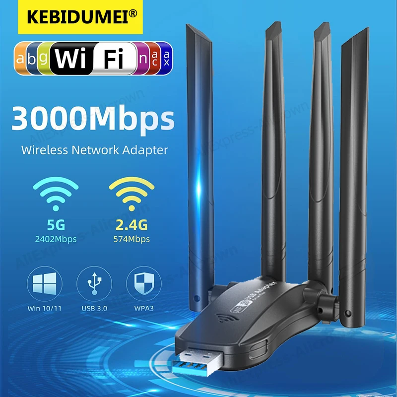 KEBIDUMEI 3000Mbps WiFi 6 USB Adapter 802.11AX 2.4G/5GHz USB3.0 1800M/1200M Network Card Antenna Wi-Fi Dongle for Win 10/11 PC