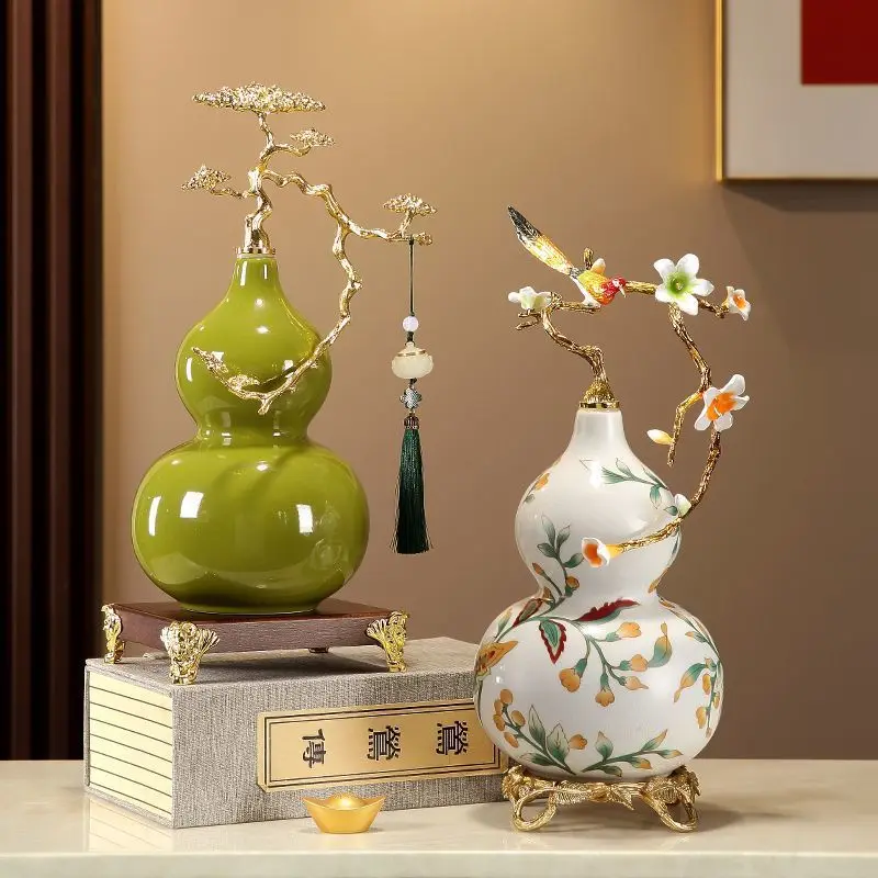 Golden Pine & Colored Calabash Ornament Wealth Luck Decor for Living Room TV Cabinet Auspicious Home Office Gift