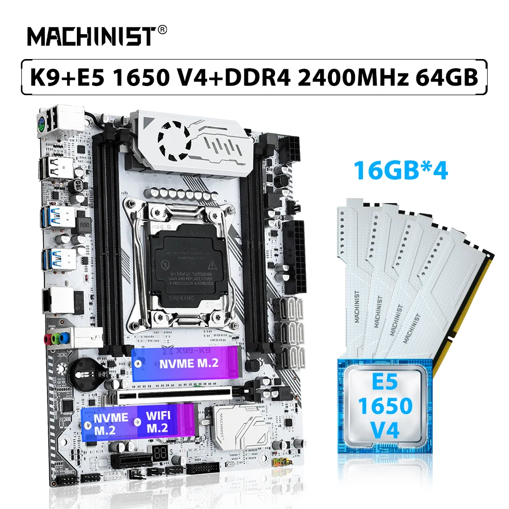 MACHINIST X99 K9 Motherboard Kit Set LGA 2011-3 Xeon E5 1650 V4 Processor CPU 4*16GB=64GB 2400MHz ECC DDR4 Memory RAM NVME M.2