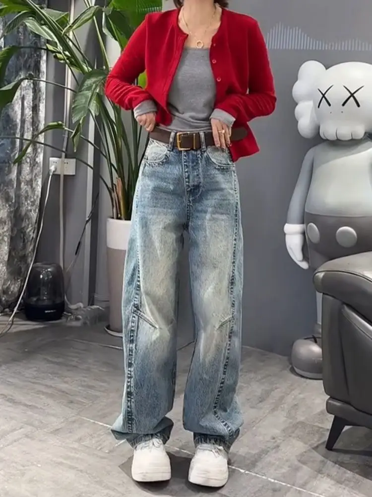 

American style retro design sense curved knife jeans women high waisted loose fit versatile floor length wide leg pants