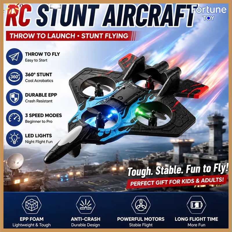 4DRC V60 Foam RC Airplane Glider 2.4G With LED Lights 360° Flip Fighter Jet Drop Resistant Remote Control Plane Toy For Adults
