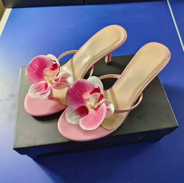 

Bright Pink green Orchids Flower Straps Clip toe Sandals Sexy Kitten Heels Slipper Women Beauty Flower Slingbacks Shoes