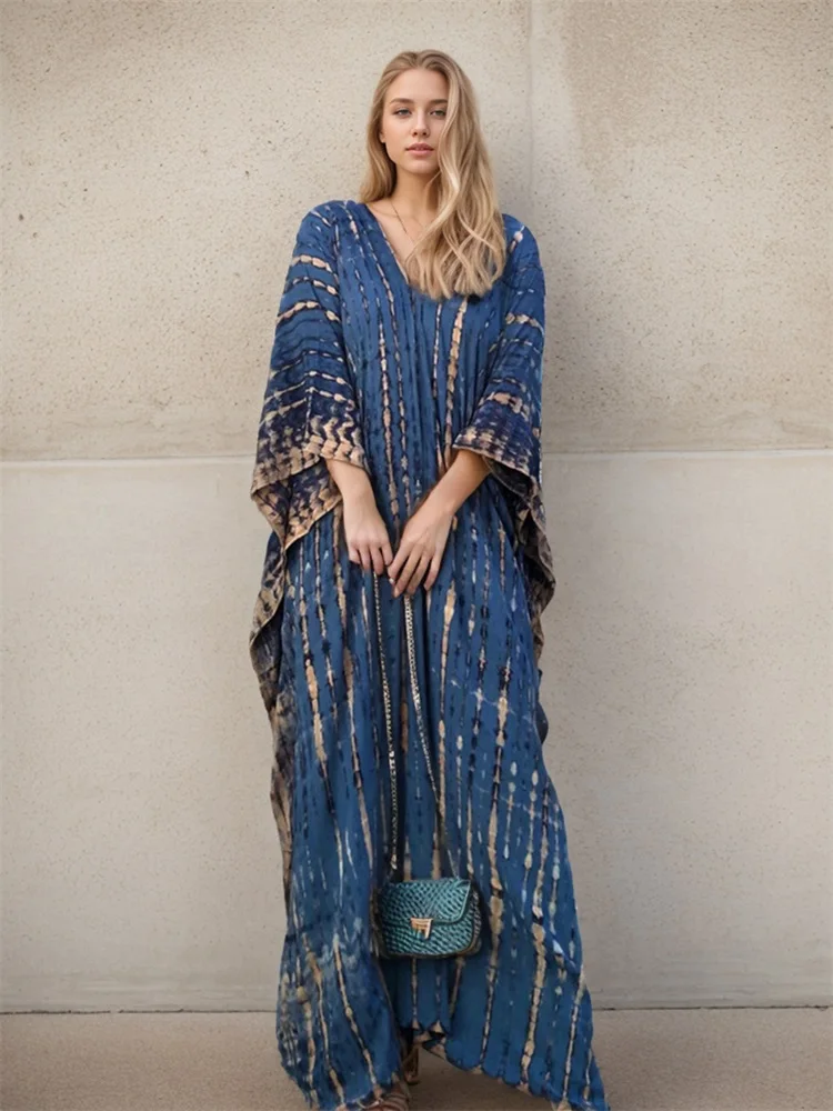 Seksowna Boho niebieski z nadrukiem w paski Plus Size dekoltem w szpic boczne rozcięcie sukienka Kaftan House 2024 damskie letnie okrycie