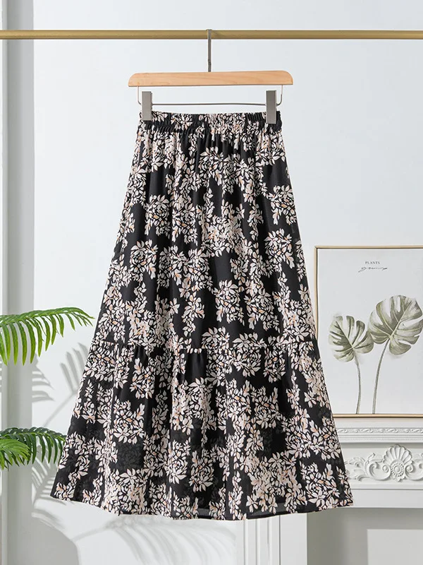 100% Mulberry Silk Double-Layer Skirt For Women Luxurious Floral Print Pleated Skirt Retro Elegant Mid Length Skirt