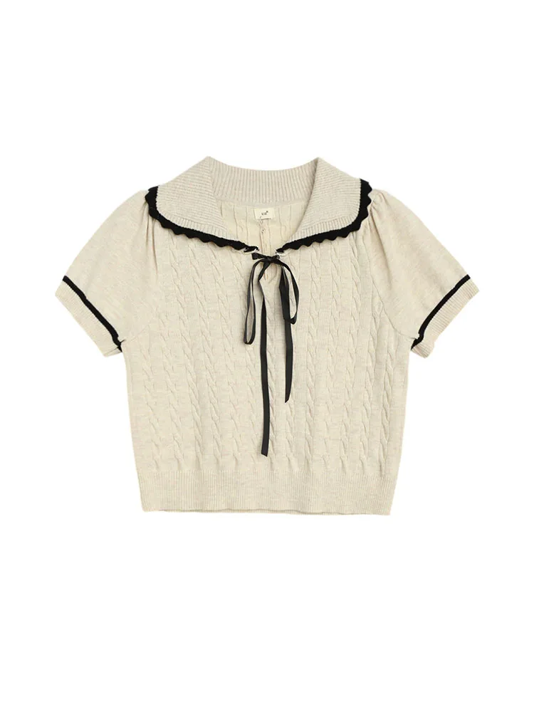 T-shirt con colletto rovesciato Casual eleganza francese estate donna Y2k stile Preppy Sweet Slim Bow Knit top moda Solid Short Tees