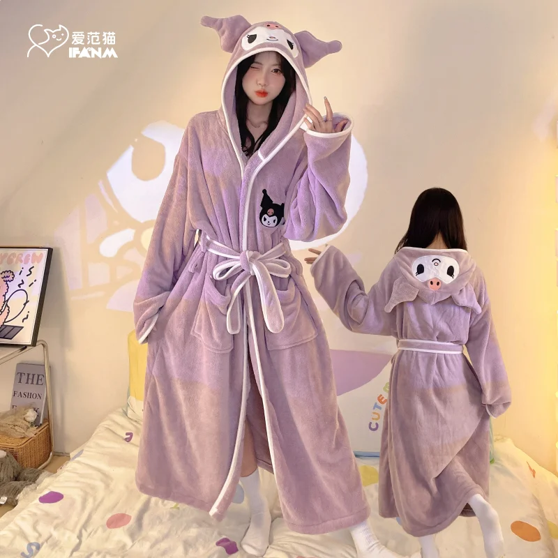 Sanrioed Pajamas Cartoon Kuromi Cinnamoroll Hooded Bathrobe Women My Melody New Adult Child Cotton Thickened Cartoon Sleeprobe