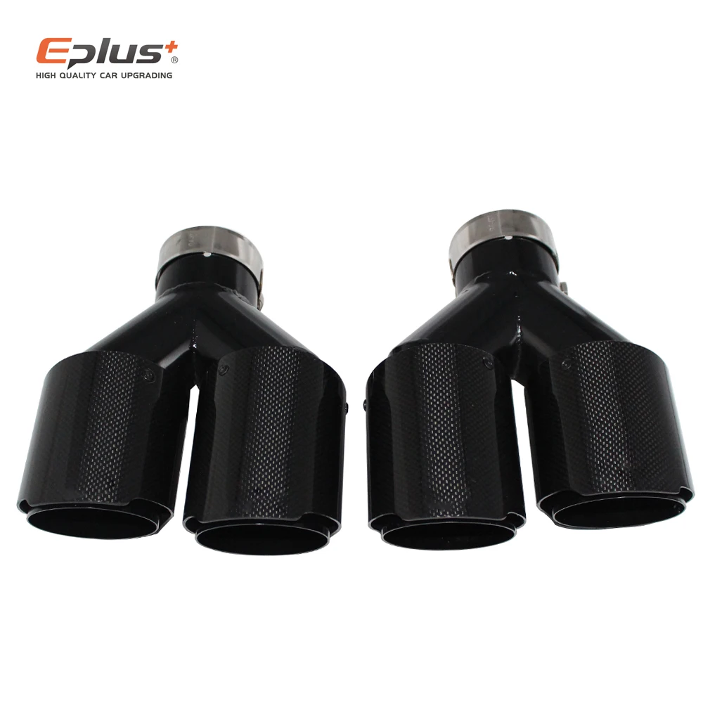 EPLUS Car Carbon Fiber Glossy Muffler Tip Y Shape Double Exit Exhaust Pipe Mufflers Nozzle Decoration Universal Stainless Black